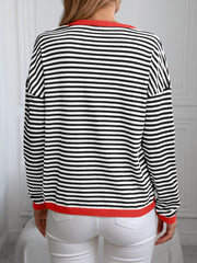 Contrast Trim Striped V-Neck Long Sleeve Knit Top - Trendsi