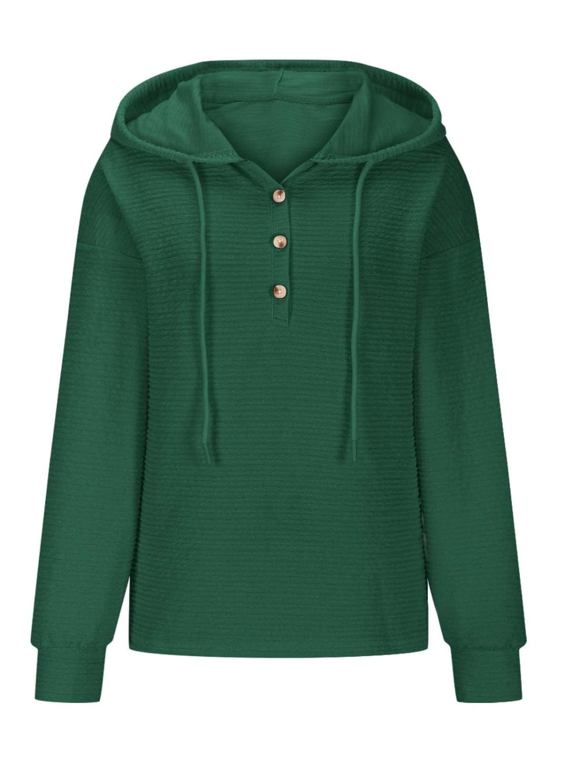 Drawstring Quarter Button Long Sleeve Hoodie - Trendsi