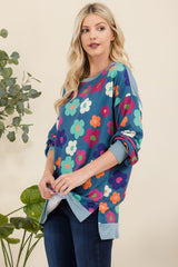 Celeste Full Size Side Slit Flower Print Long Sleeve Top - Trendsi