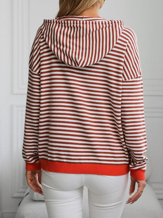 Mandy Striped Long Sleeve Hooded Knit Top - Trendsi