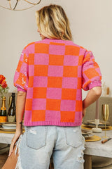 BiBi Checkered Short Sleeve Sequin Sweater - Trendsi