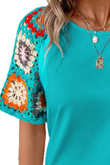 Geometric Round Neck Short Sleeve Blouse Trendsi