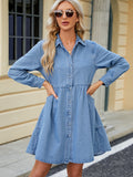 Tiered Button Up Long Sleeve Denim Dress