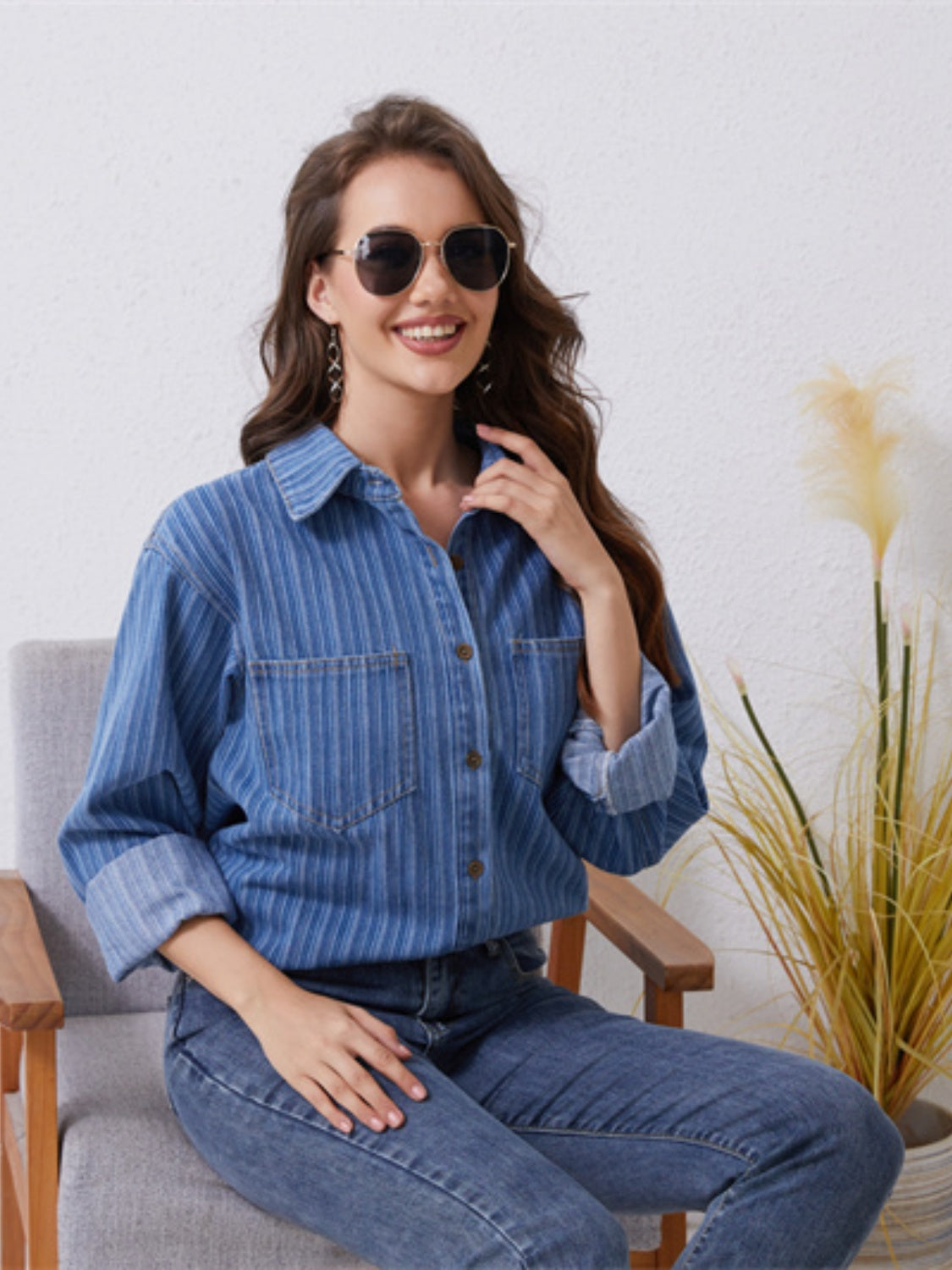 Pocketed Striped Button Up Denim Shirt - Flyclothing LLC