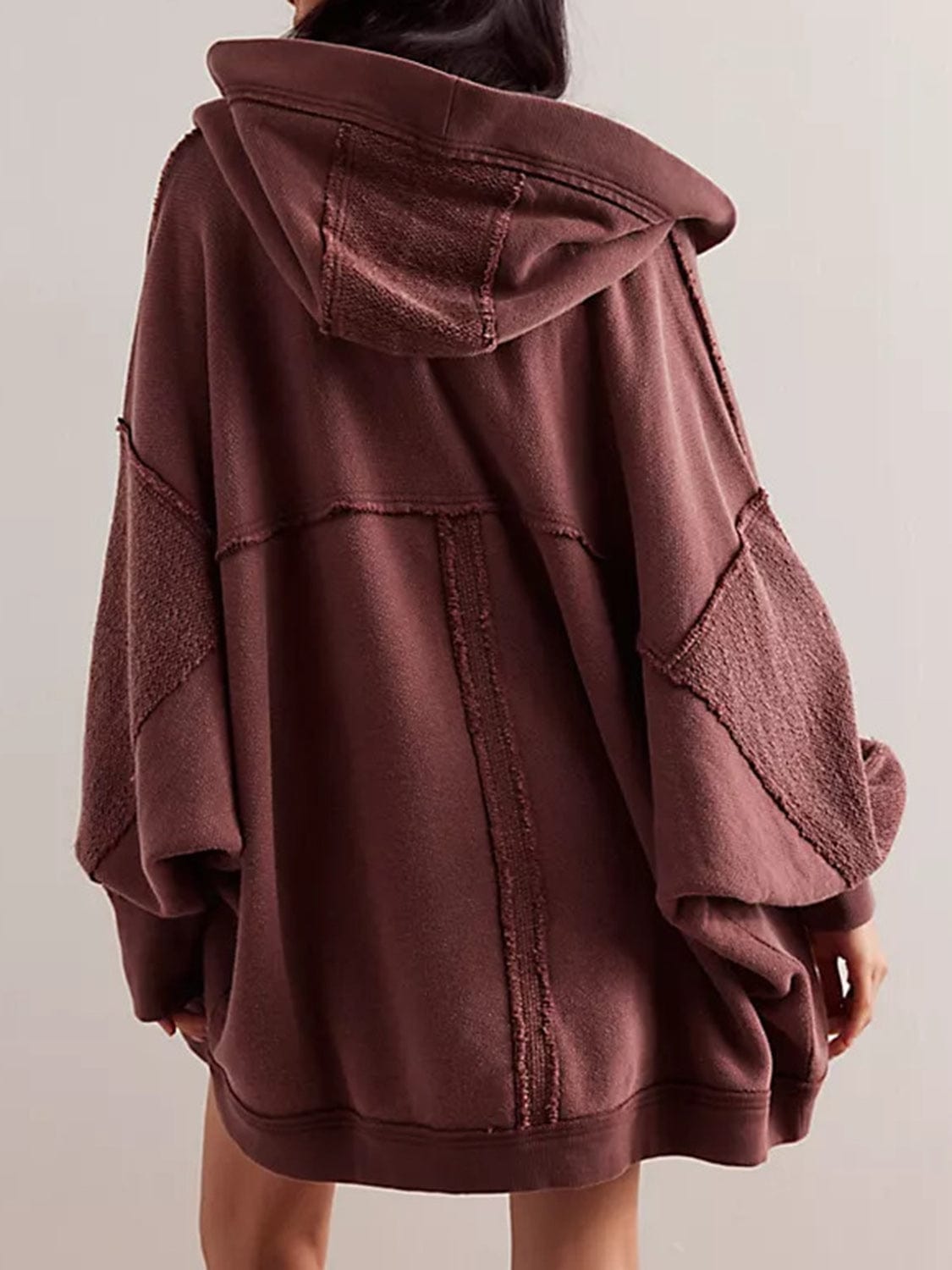 Exposed Seam Open Front Batwing Sleeve Hooded Cardigan - Trendsi