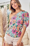 BiBi Floral Puff Sleeve One Shoulder Top - Trendsi