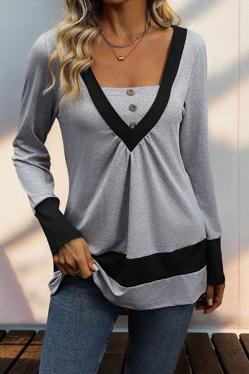 Contrast Long Sleeve T-Shirt - Trendsi