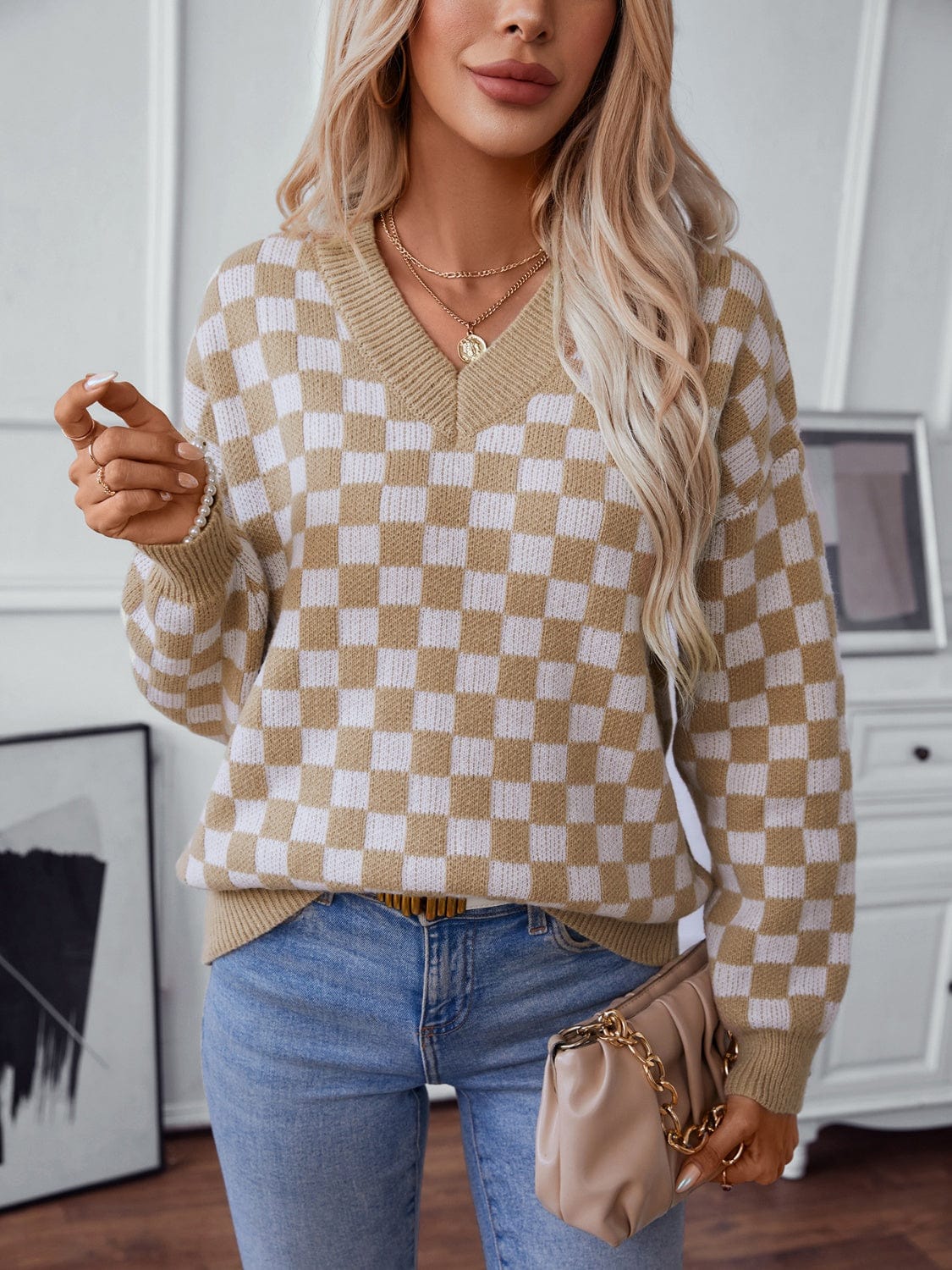 Checkered V-Neck Dropped Shoulder Sweater - Trendsi