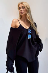 Basic Bae V-Neck Dropped Shoulder Long Sleeve Sweatshirt with Bra - Trendsi