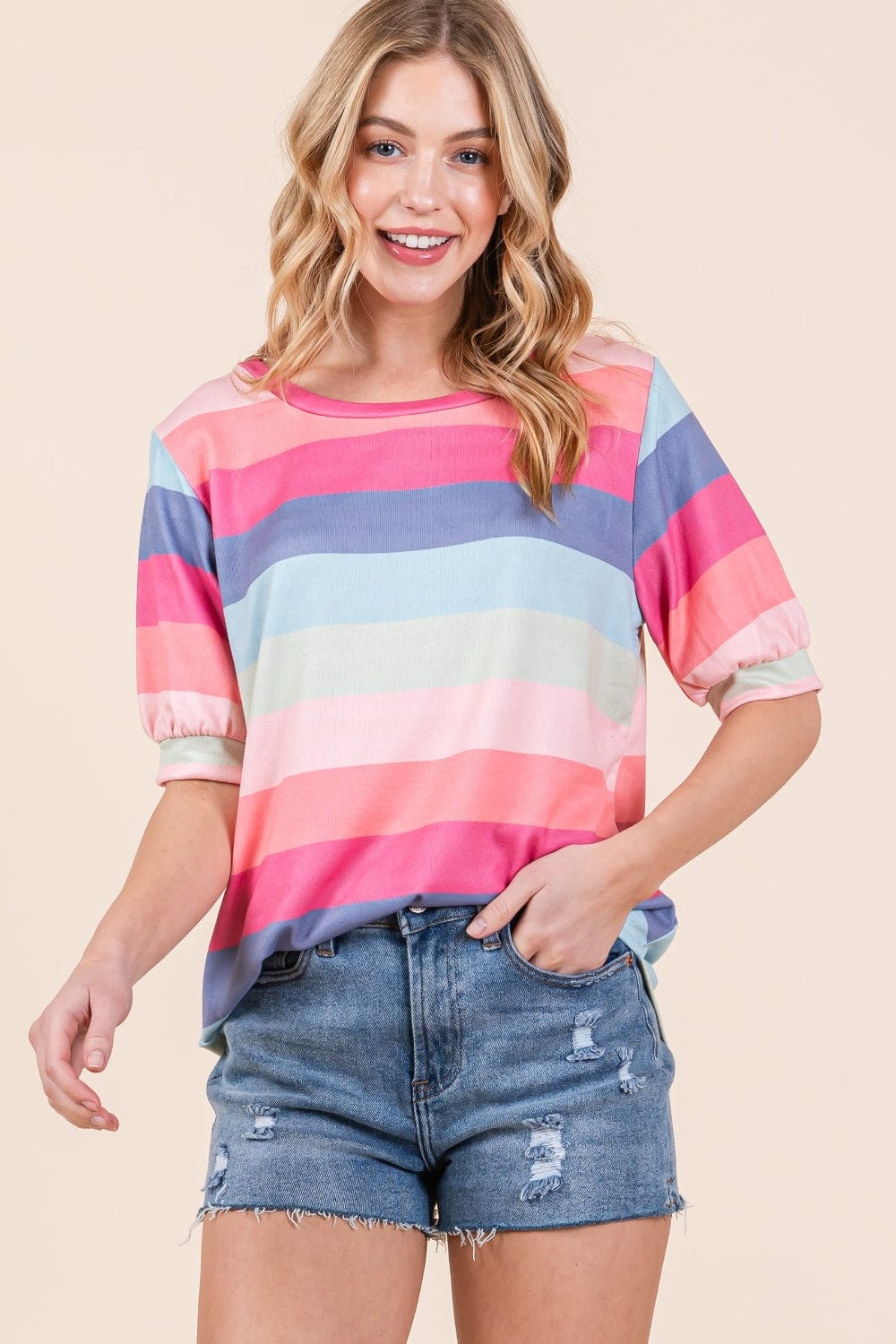 BOMBOM Striped Round Neck Half Sleeve T-Shirt - Trendsi