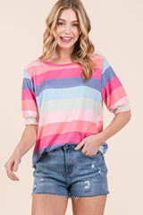 BOMBOM Striped Round Neck Half Sleeve T-Shirt - Trendsi