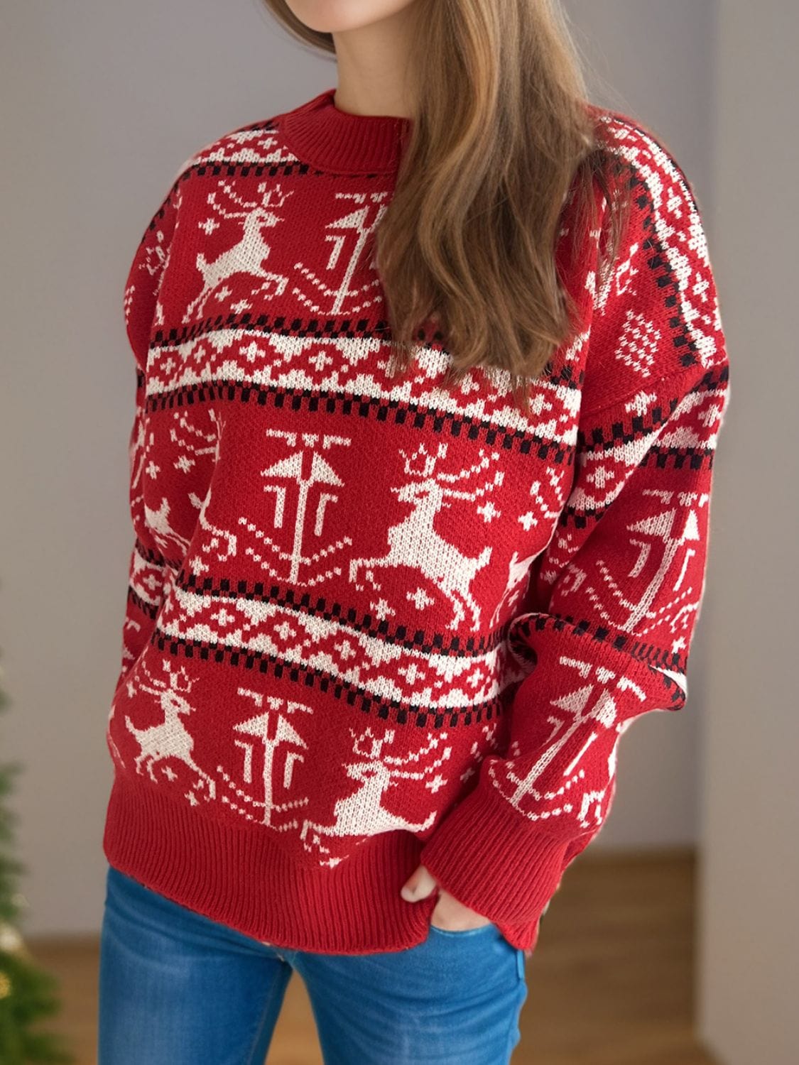 Christmas Element Round Neck Long Sleeve Sweater - Trendsi