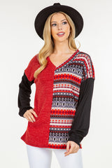 Celeste Full Size Contrast Geometric V-Neck Long Sleeve Blouse - Trendsi