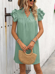 Ruffled Notched Cap Sleeve Mini Dress Trendsi