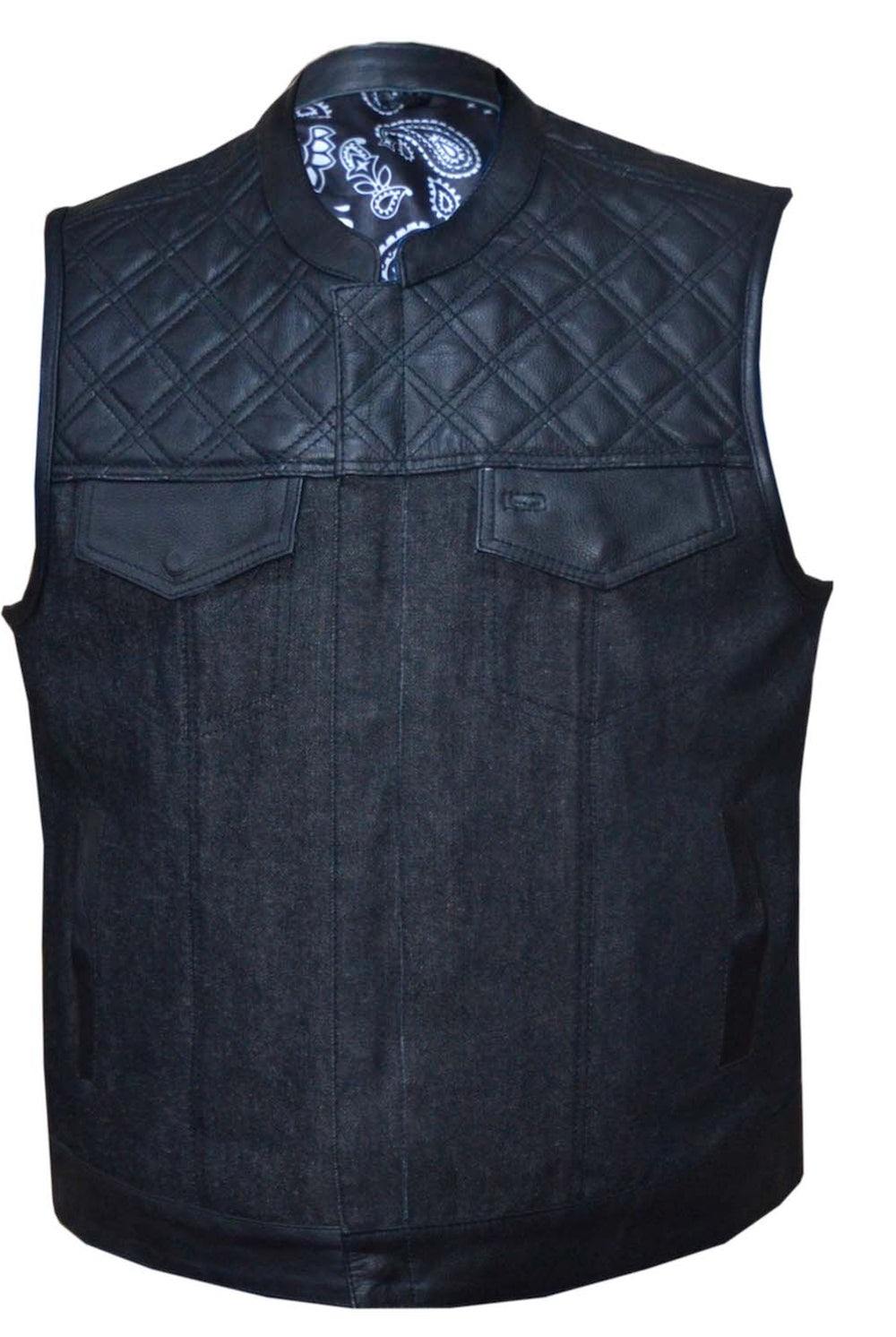 Unik International Mens Denim Black/White Leather Club Vest - Flyclothing LLC