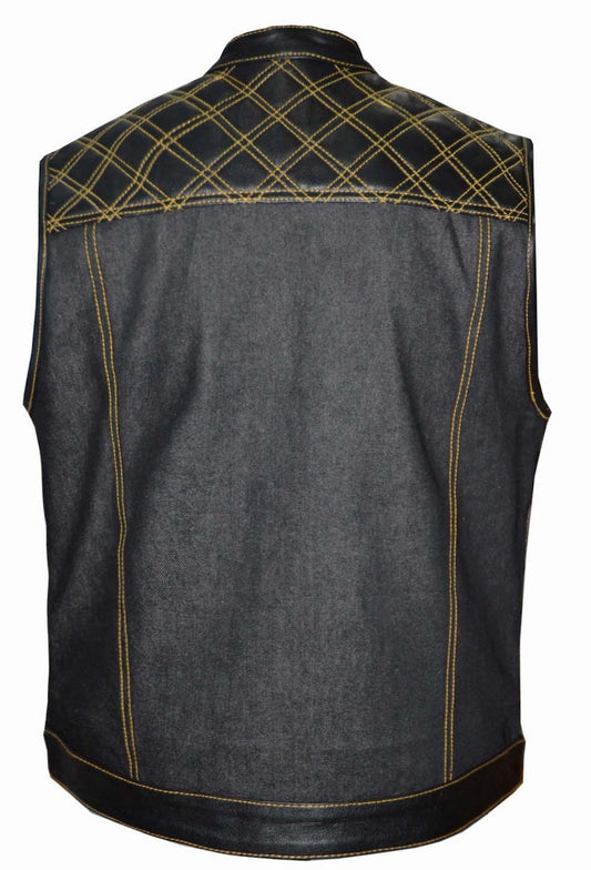 Unik International Mens Denim Black/Gold Leather Club Vest - Flyclothing LLC