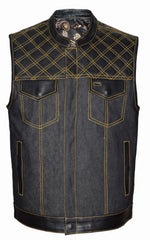 Unik International Mens Denim Black/Gold Leather Club Vest - Flyclothing LLC