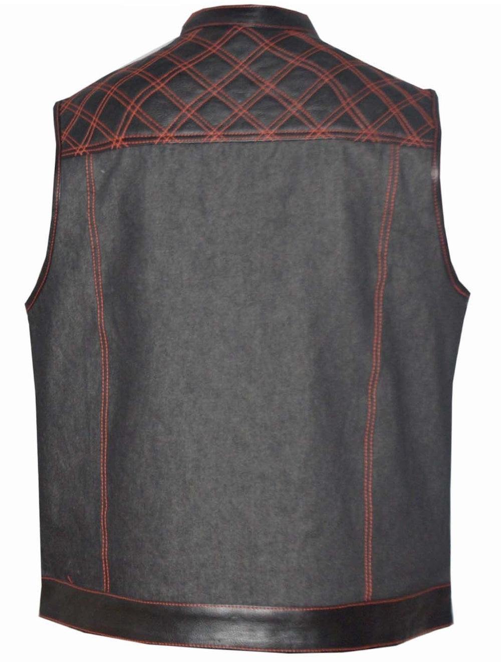 Unik International Mens Denim Black/Red Leather Club Vest - Flyclothing LLC