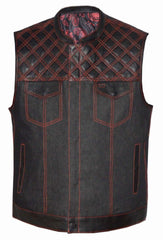 Unik International Mens Denim Black/Red Leather Club Vest - Flyclothing LLC