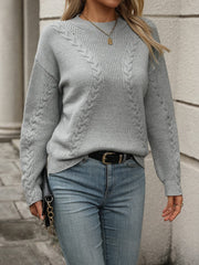 Cable-Knit Round Neck Long Sleeve Sweater - Trendsi