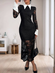 Perfee Lace Contrast Collared Neck Long Sleeve Midi Dress