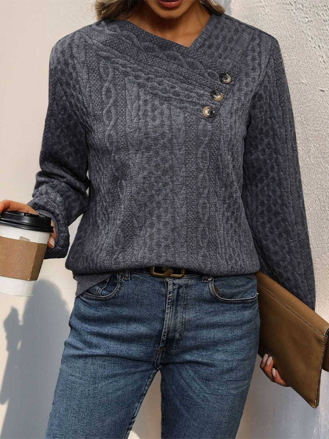 Decorative Button Long Sleeve Sweatshirt - Trendsi