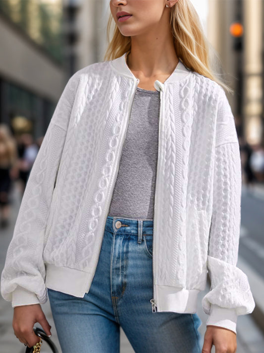 Textured Zip Up Dropped Shoulder Jacket Trendsi