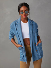 Collared Neck Long Sleeve Denim Jacket - Trendsi