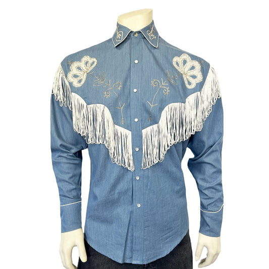 Rockmont Clothing Men's Vintage Fringe Denim Embroidered Western Shirt