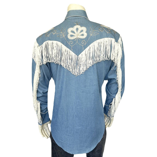 Rockmont Clothing Men's Vintage Fringe Denim Embroidered Western Shirt