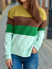 Color Block Round Neck Long Sleeve Sweater - Trendsi