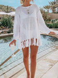 Double Take Openwork Tassel Hem Long Sleeve Knit Cover Up - Flyclothing LLC