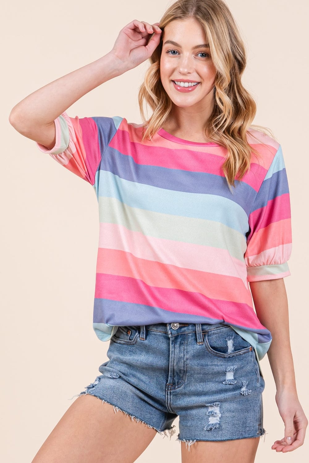 BOMBOM Striped Round Neck Half Sleeve T-Shirt - Trendsi