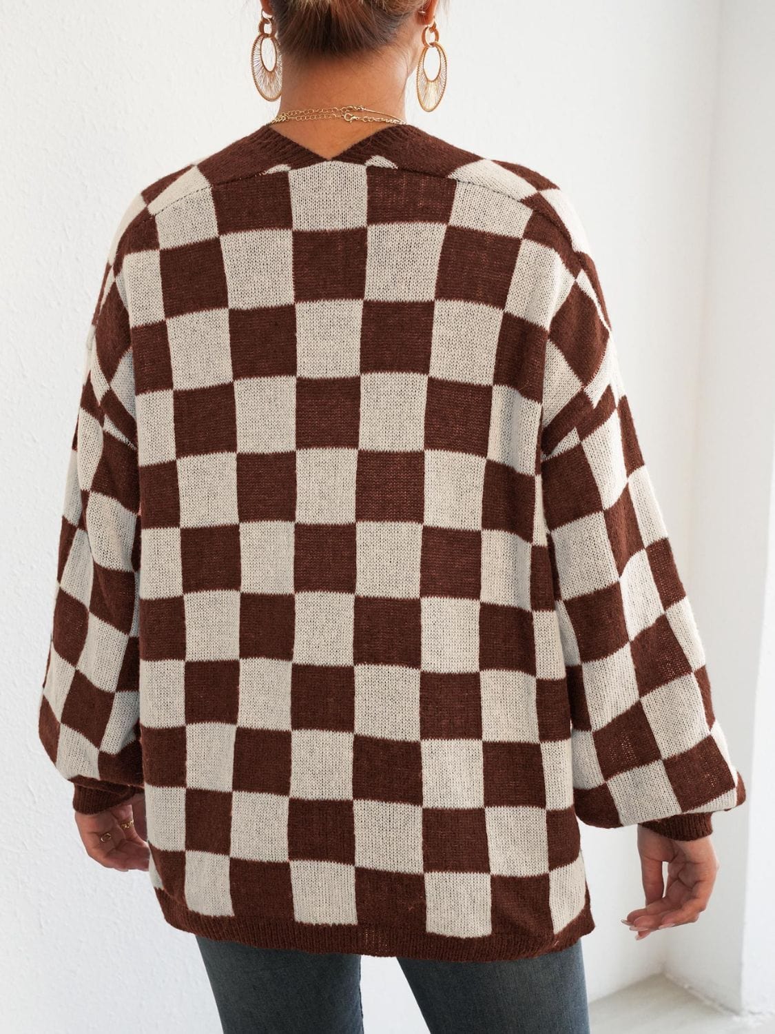 Checkered Open Front Long Sleeve Cardigan - Trendsi