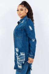 American Bazi Distressed Button Up Long Sleeve Denim Jacket - Trendsi