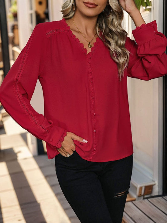 Lace Detail V-Neck Long Sleeve Blouse - Trendsi