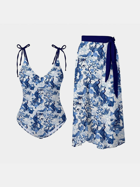 Printed Tie Shoulder Swimwear and Skirt Swim Set - Flyclothing LLC