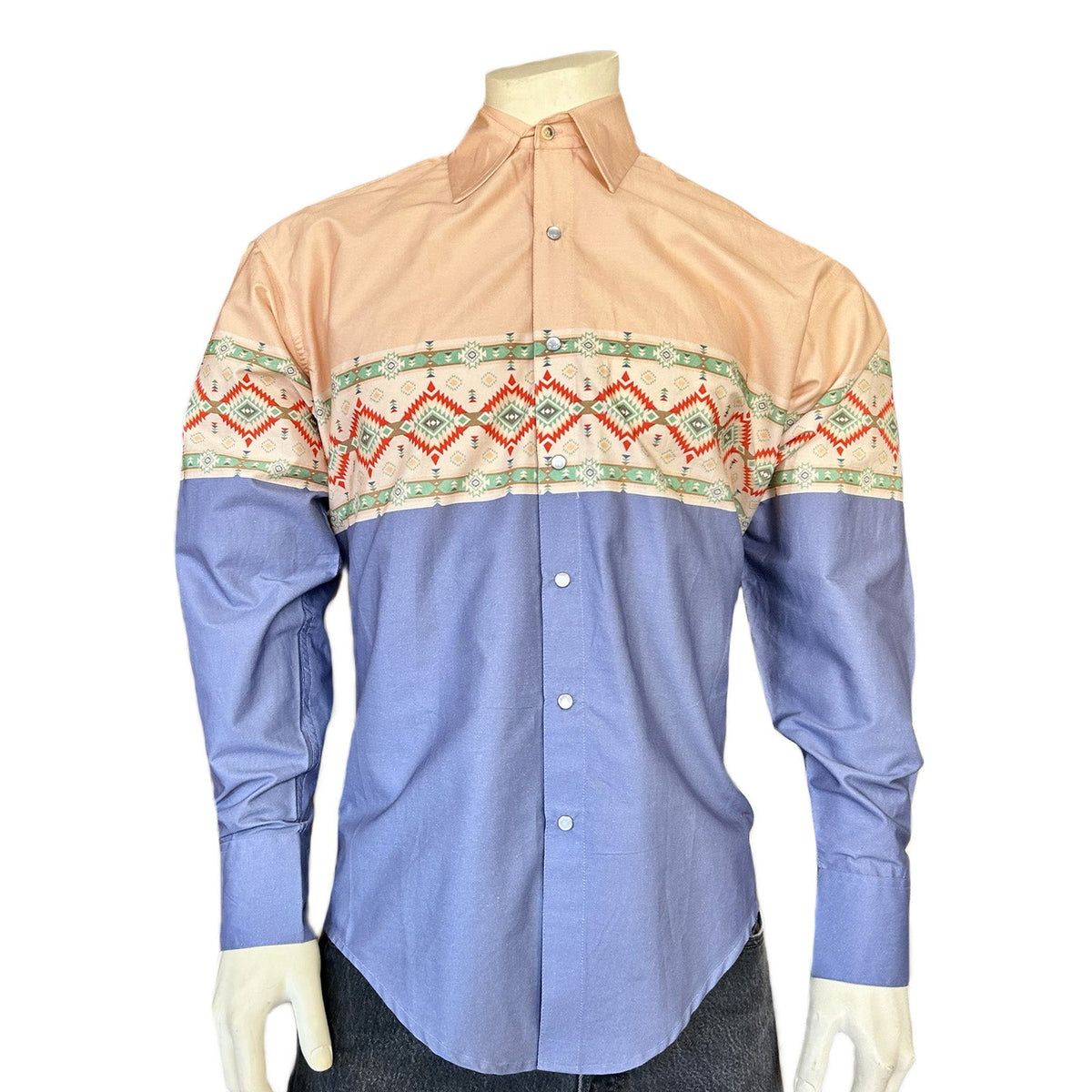 Rockmont Clothing Native Pattern Peach & Blue 2-Tone Print Western Shirt