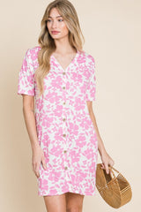 BOMBOM Floral Button Down Mini Dress - Trendsi