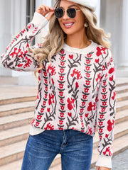 Flower Round Neck Long Sleeve Sweater