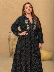 Plus Size Embroidered Polka Dot Notched Long Sleeve Dress - Trendsi