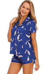 Printed Button Up Short Sleeve Top and Shorts Lounge Set - Flyclothing LLC