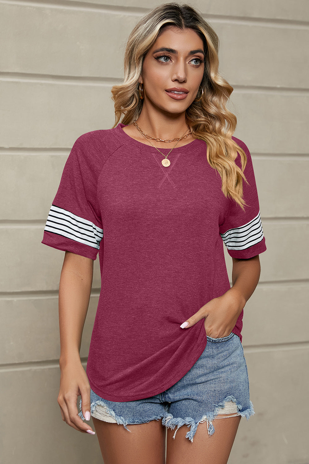 Striped Round Neck Short Sleeve T-Shirt - Flyclothing LLC