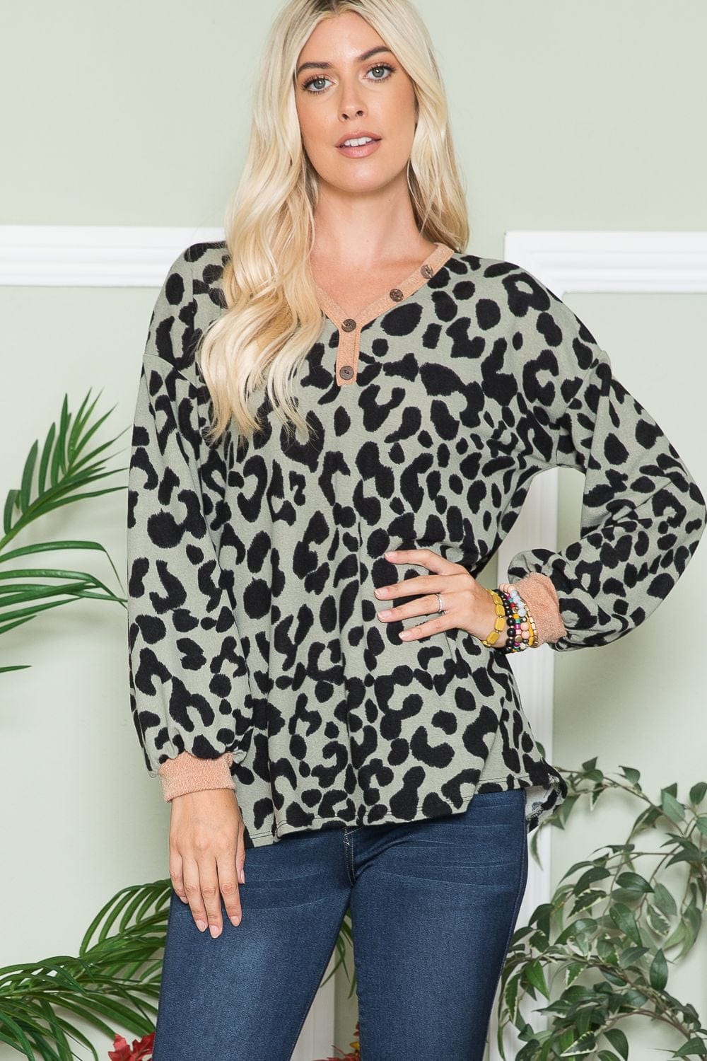 Celeste Full Size Leopard V-Neck Long Sleeve Blouse - Trendsi