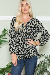 Celeste Full Size Leopard V-Neck Long Sleeve Blouse - Trendsi