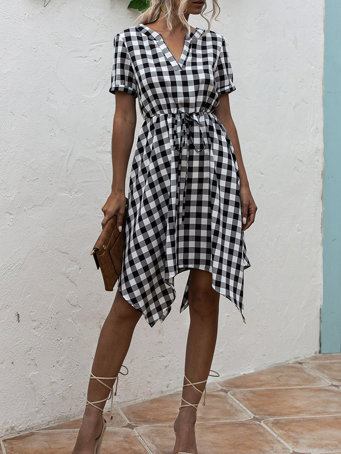 Plaid Notched Short Sleeve Dress Trendsi