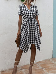 Plaid Notched Short Sleeve Dress Trendsi