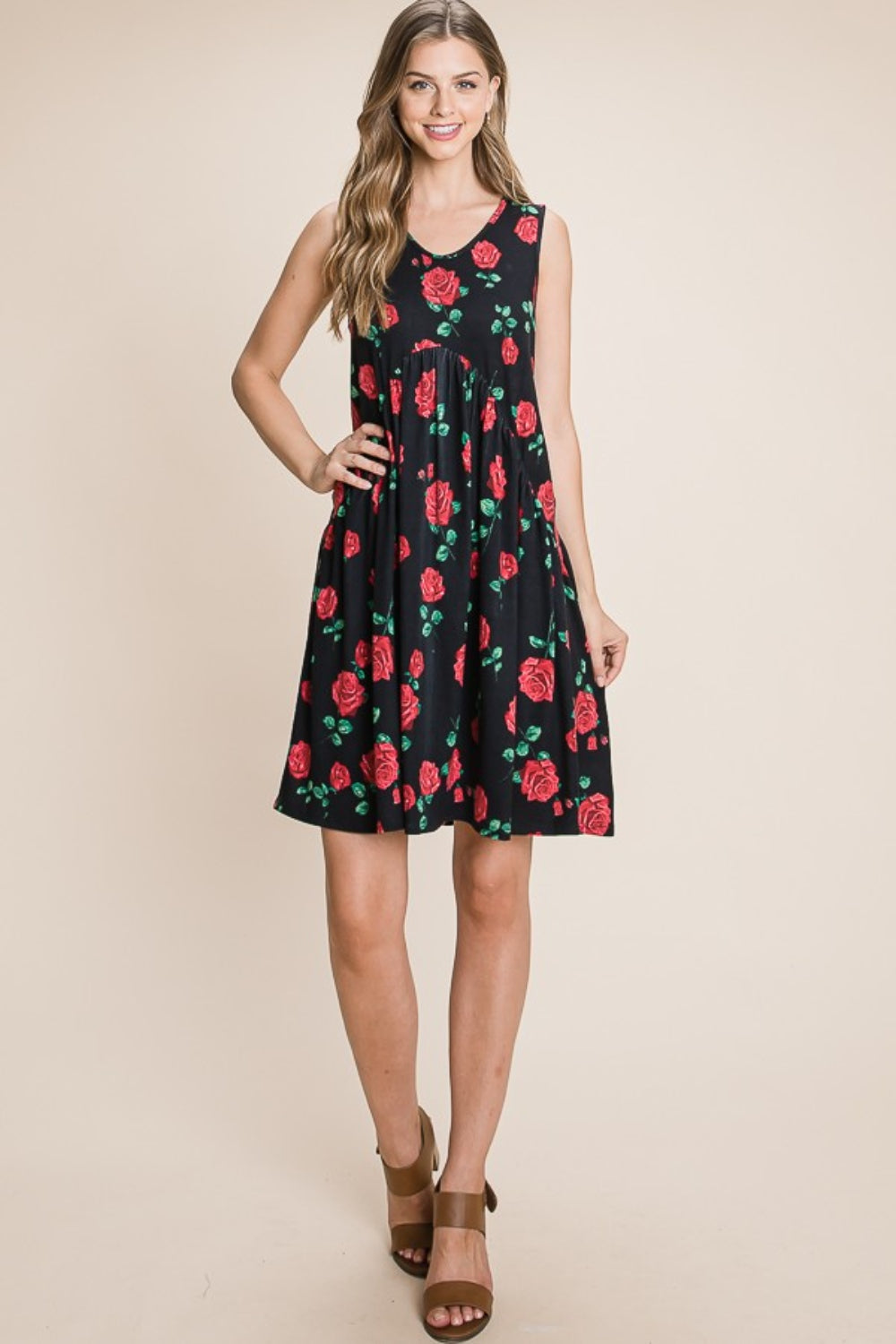 BOMBOM Floral Ruched Tank Dress - Trendsi