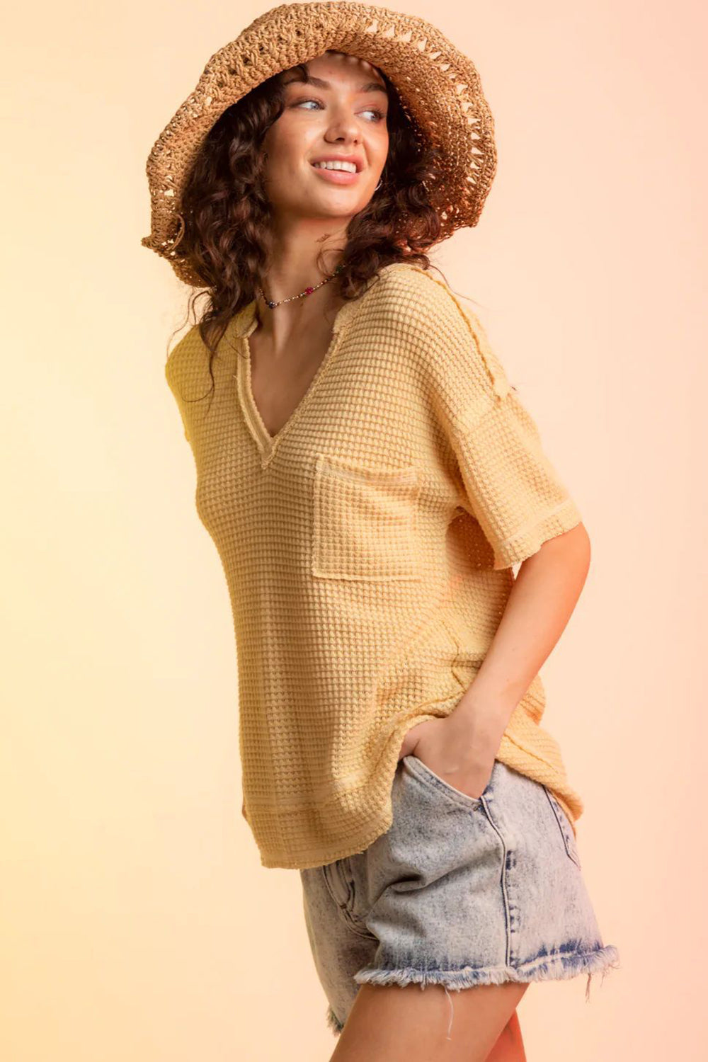 Waffle-Knit Notched Half Sleeve T-Shirt Trendsi