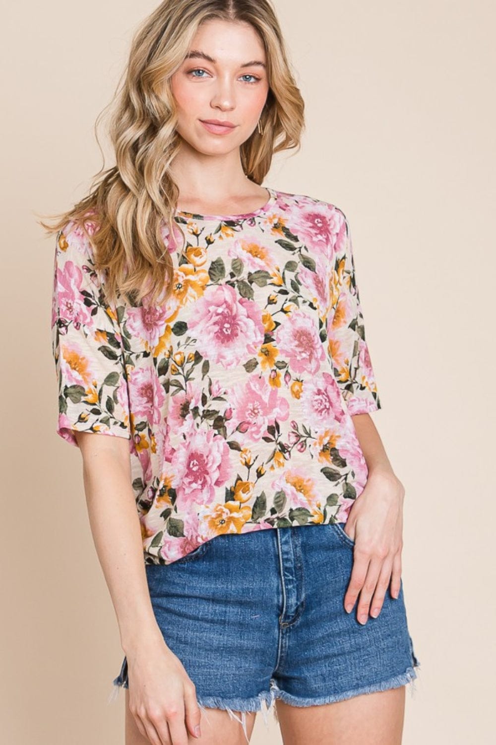 BOMBOM Floral Round Neck T-Shirt - Trendsi